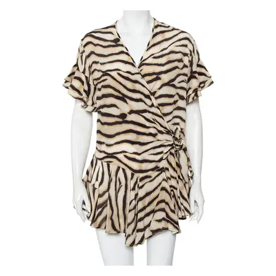 Just Cavalli Beige Animal Printed Silk Ruffled Mini Wrap Dress