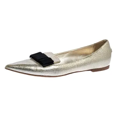 Jimmy Choo Metallic Gold Textured Leather Gala Bow Ballet Flats Size 37.5