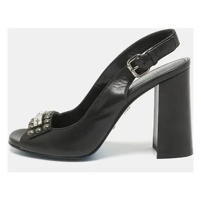 Loriblu Black Leather Crystal Embellished Peep Toe Slingback Pumps Size