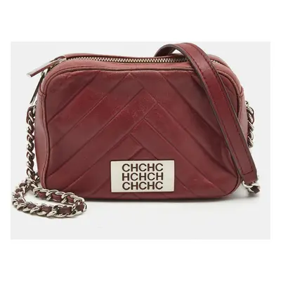 CH Carolina Herrera Burgundy Chevron Leather Logo Camera Crossbody Bag