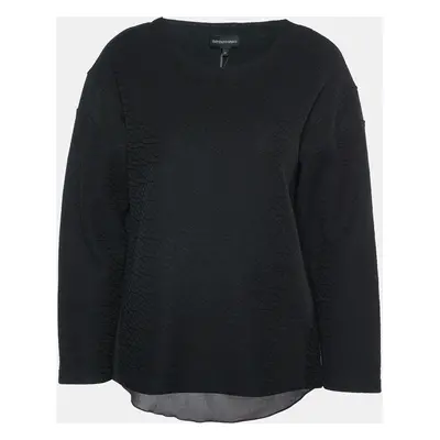 Emporio Armani Black Textured Cotton Blend Split Back Detail Top