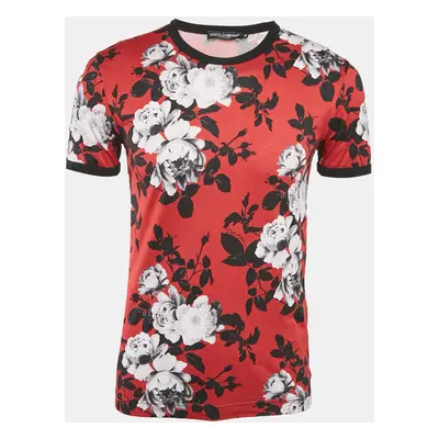 Dolce & Gabbana Red Floral Print Cotton Crewneck T-shirt