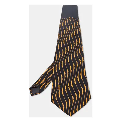 Lanvin Vintage Black & Orange Printed Silk Traditional Tie