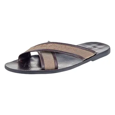 Prada Dark Brown/Beige Leather And Canvas Criss Cross Flat Slide Sandals Size