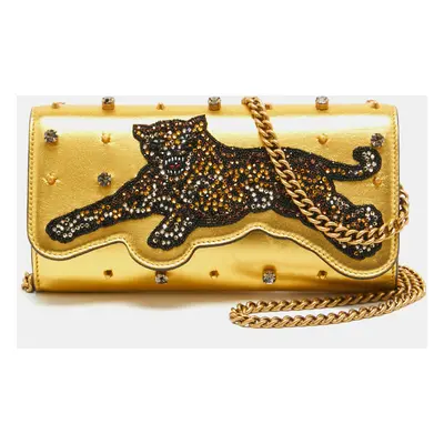 Gucci Gold Leather Embroidered Tiger Crystal Studded Chain Clutch