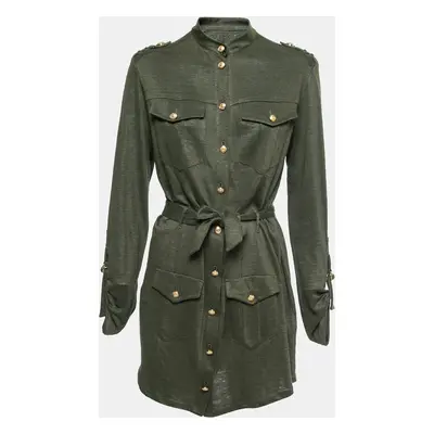 Balmain Kaki Green Knit Button-Embellished Belted Mini Dress