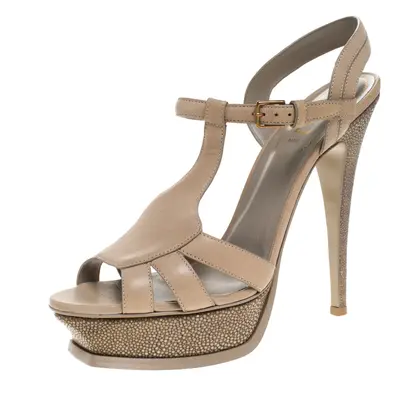 Saint Laurent Paris Beige Leather And Stingray Bubeo Platform Sandals Size 40.5