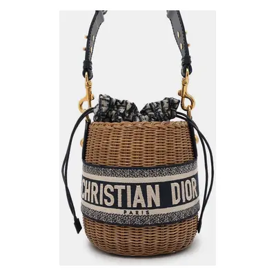 Dior Beige/Navy Rattan Canvas Wicker Oblique bucket bag