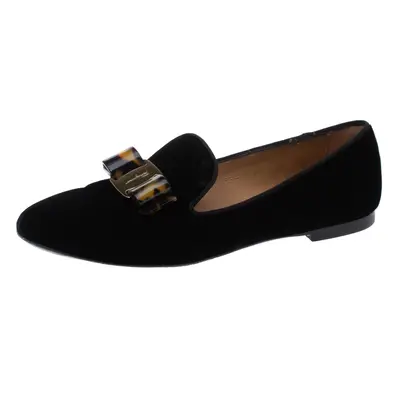 Salvatore Ferragamo Black Velvet Bow Detail Smoking Slippers Size 37.5