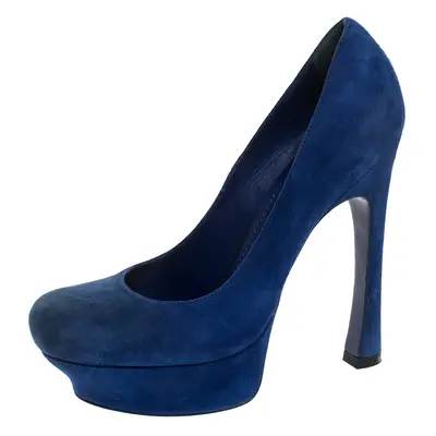 Saint Laurent Paris Blue Suede Palais Platform Pumps Size 38.5