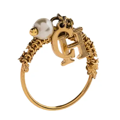 CH Carolina Herrera Gold Tone Logo Charms Ring Size EU 50.5