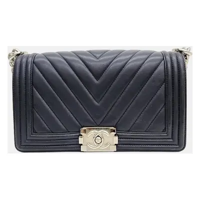 Chanel Navy Blue Lambskin Leather Chevron Boy Shoulder Bag