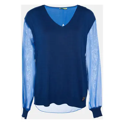 Versace Blue Knit & Chiffon Paneled V-Neck Jumper