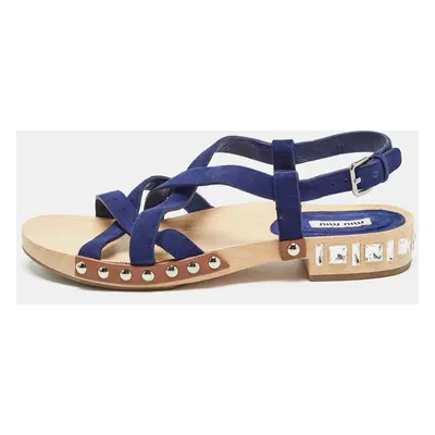 Miu Miu Blue Suede Crystal Embellished Strappy Flat Sandals Size