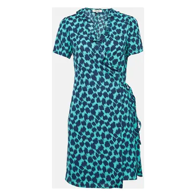 Diane Von Furstenberg Teal Blue Leopard Print Crepe Wrap Dress