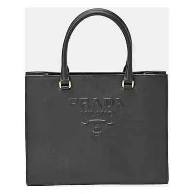 Prada Black Saffiano Leather Medium Lux Embossed Logo Tote Bag