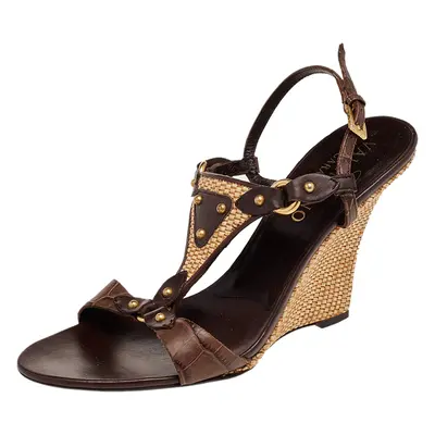 Valentino Brown Embossed Leather Wedge Sandals Size