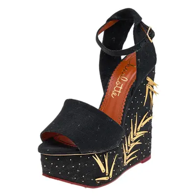 Charlotte Olympia Black Canvas Mischievous Embellished Platform Wedge Ankle Strap Sandals Size