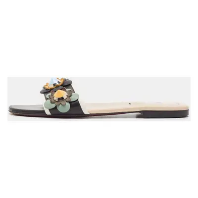 Fendi Black/Cream Leather Flowerland Flat Sandals Size