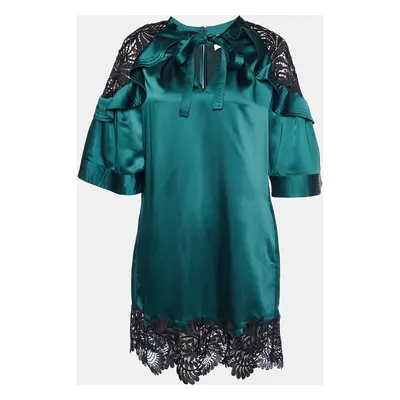 Self-Portrait Dark Green Satin & Lace Shift Dress