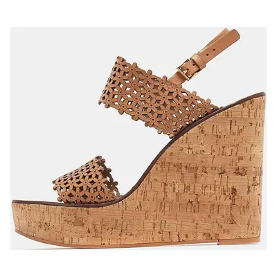 Tory Burch Beige Perforated Leather Daisy Cork Wedge Sandals Size