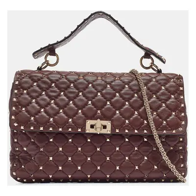 Valentino Burgundy Leather Large Rockstud Spike Top Handle Bag