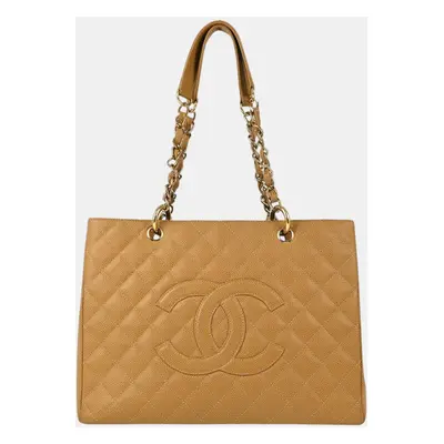 Chanel Beige Calfskin Grand Shopping Tote GST Chain Handbag