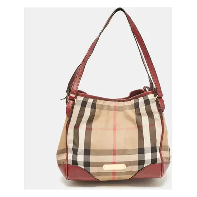 Burberry Beige/Maroon Leather and House Check Fabric Small Canterbury Tote