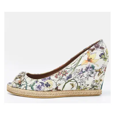 Gucci Multicolor Floral Print Canvas Horsebit Peep Toe Wedge Pumps Size