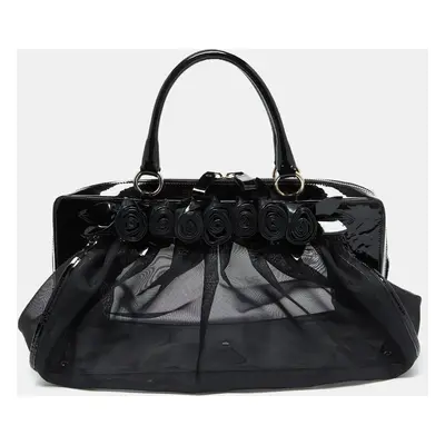 Valentino Black Mesh and Patent Leather Petale Rose Dome Satchel