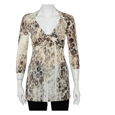 Roberto Cavalli Cream Animal Printed Knit Drape Detail Tunic