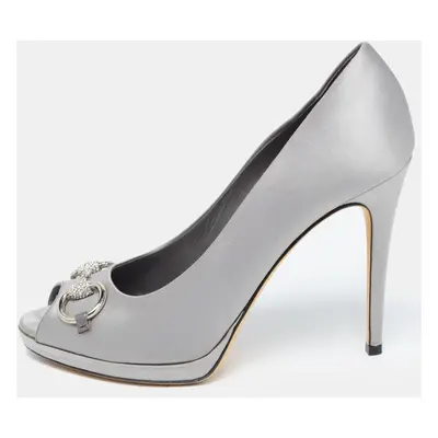 Gucci Grey Satin Horsebit Crystal Embellished Peep Toe Pumps Size 38.5