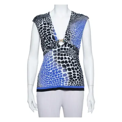 Roberto Cavalli Blue & Black Knit Animal Print Plunge Neck Top