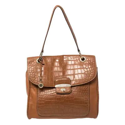 DKNY Brown Croc Embossed and Leather Turnlock Flap Top Handle Bag