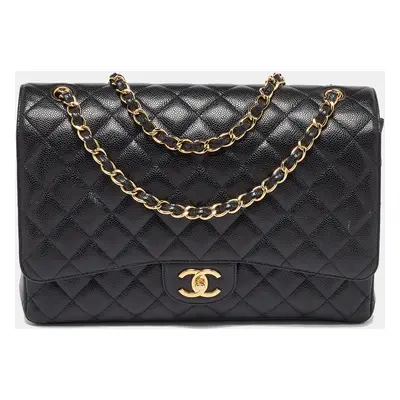 Chanel Black Caviar Quilted Leather Jumbo Classic Double Flap Bag