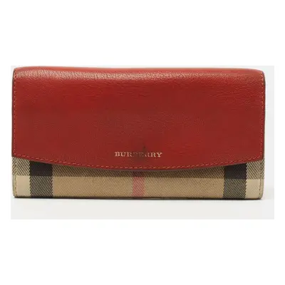 Burberry Brick Brown/Beige House Check Canvas and Leather Flap Continental Wallet