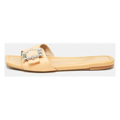 Stuart Weitzman Light Orange Leather Crystal Embellished Shine Buckle Flat Slides Size