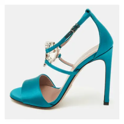 Gucci Teal Satin Crystal Embellished Interlocking G Ankle Strap Sandals Size