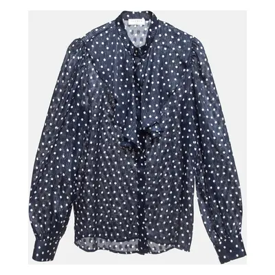 Sandro Navy Blue Metallic Thread Polka Dot Chiffon Shirt