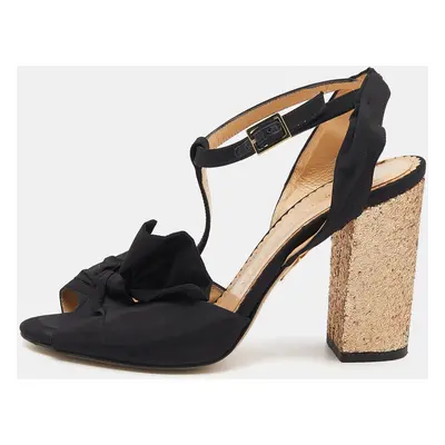 Charlotte Olympia Black Fabric Glitter Block Heel T Strap Sandals Size