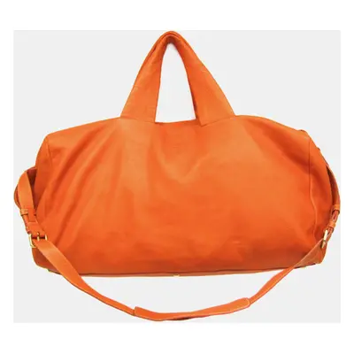 Prada Orange Leather Logo Embossed Duffel Bag