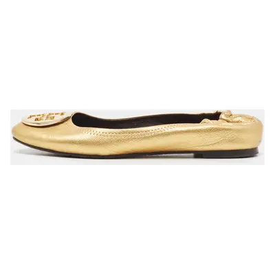 Tory Burch Gold Leather Reva Scrunch Ballet Flats Size 38.5