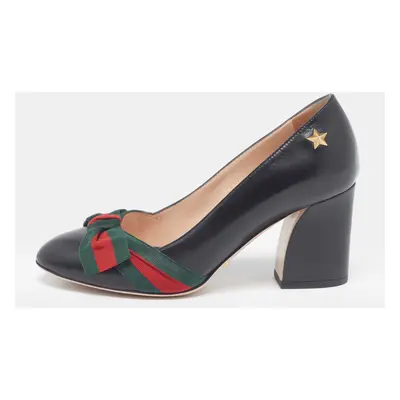 Gucci Black Leather Web Bow Block Heel Pumps 35.5