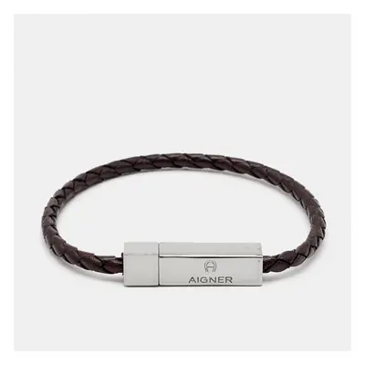 Aigner Braided Leather Silver Tone Bracelet