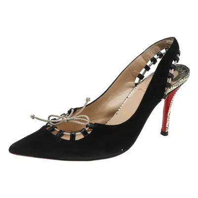 Christian Louboutin Black Suede Whipstitch Pointed Toe Slingback Sandals Size