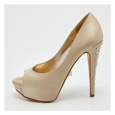 Gina Cream Satin Crystal Embellished Heel Open Toe Platform Pumps Size 36.5