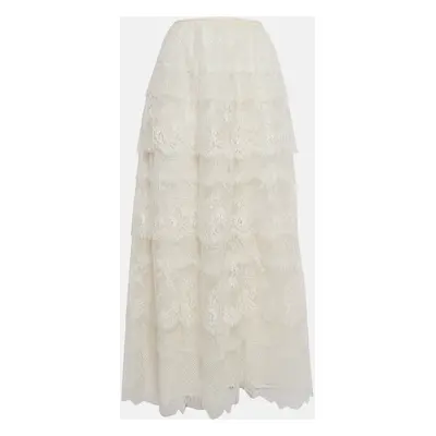 Valentino White Patterned Lace Tiered Midi Skirt