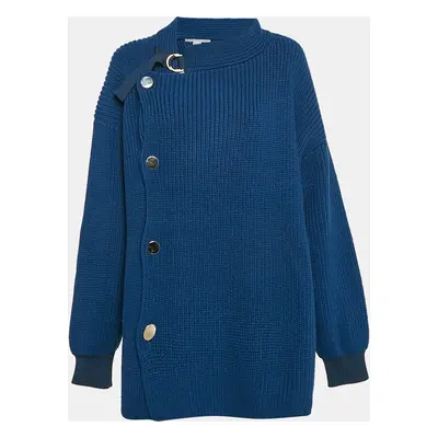 Stella McCartney Blue Rib Knit Asymmetrical Button Oversized Sweater