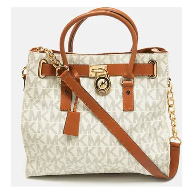 MICHAEL Michael Kors Brown/White Signature Coated Canvas Hamilton North South Tote