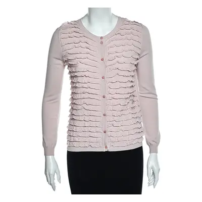 RED Valentino Pink Knit Ruffle Trimmed Button Front Fitted Cardigan